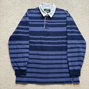 Vtg Lands End Rugby Polo Shirt Mens Medium Blue Striped 100% Cotton 90s Preppy